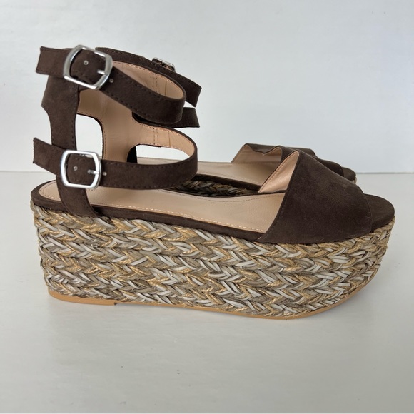 ZARA Trafaluc Brown Suede Jute Raffia w Faux Leather Woven Platform Sandal Sz 39 - Picture 11 of 11
